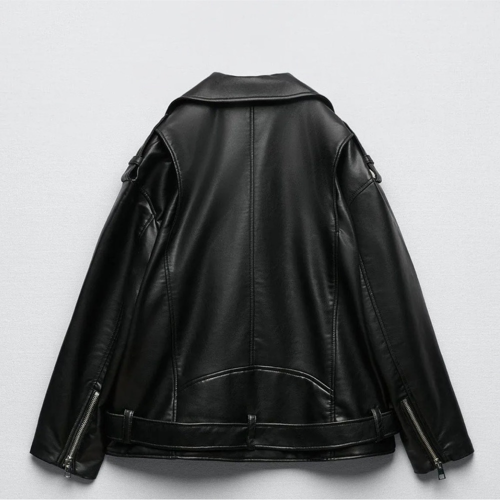 ZARA BLACK FAUX LEATHER MOTO BIKER JACKET BELTED ZIP COAT SIZE LARGE **NWOT** - Picture 9 of 13